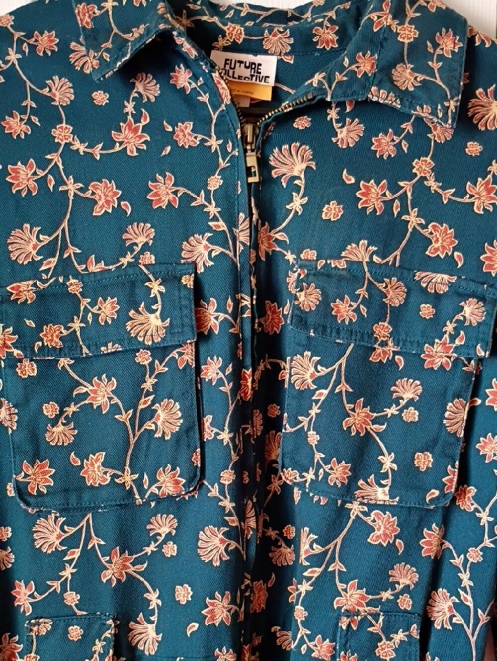 Teal Floral Utility Jumpsuit NWOT By Future Collective Size 12 - Picture 2 of 10